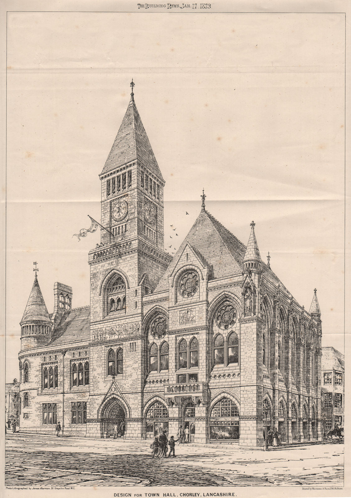 Town Hall, Chorley, Lancashire; Woodzell & Collcutt, Architects  1873 print